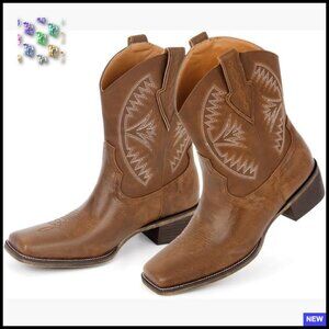 Western Ankle Boots Square Toe Embroidered Cowgirl Chic Block Heel Pull On